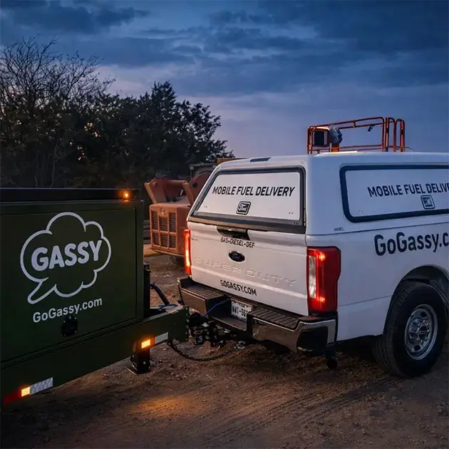 Gassy on-demand fuel delivery trailer connected to pickup truck at night job site