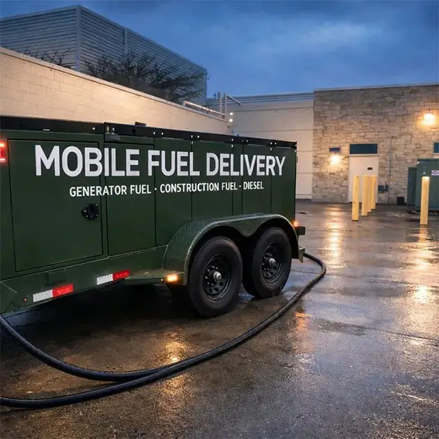 Bulk diesel mobile fuel delivery trailer providing on-site fueling service