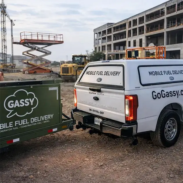 On-site fleet fueling service trailer delivering diesel at construction site